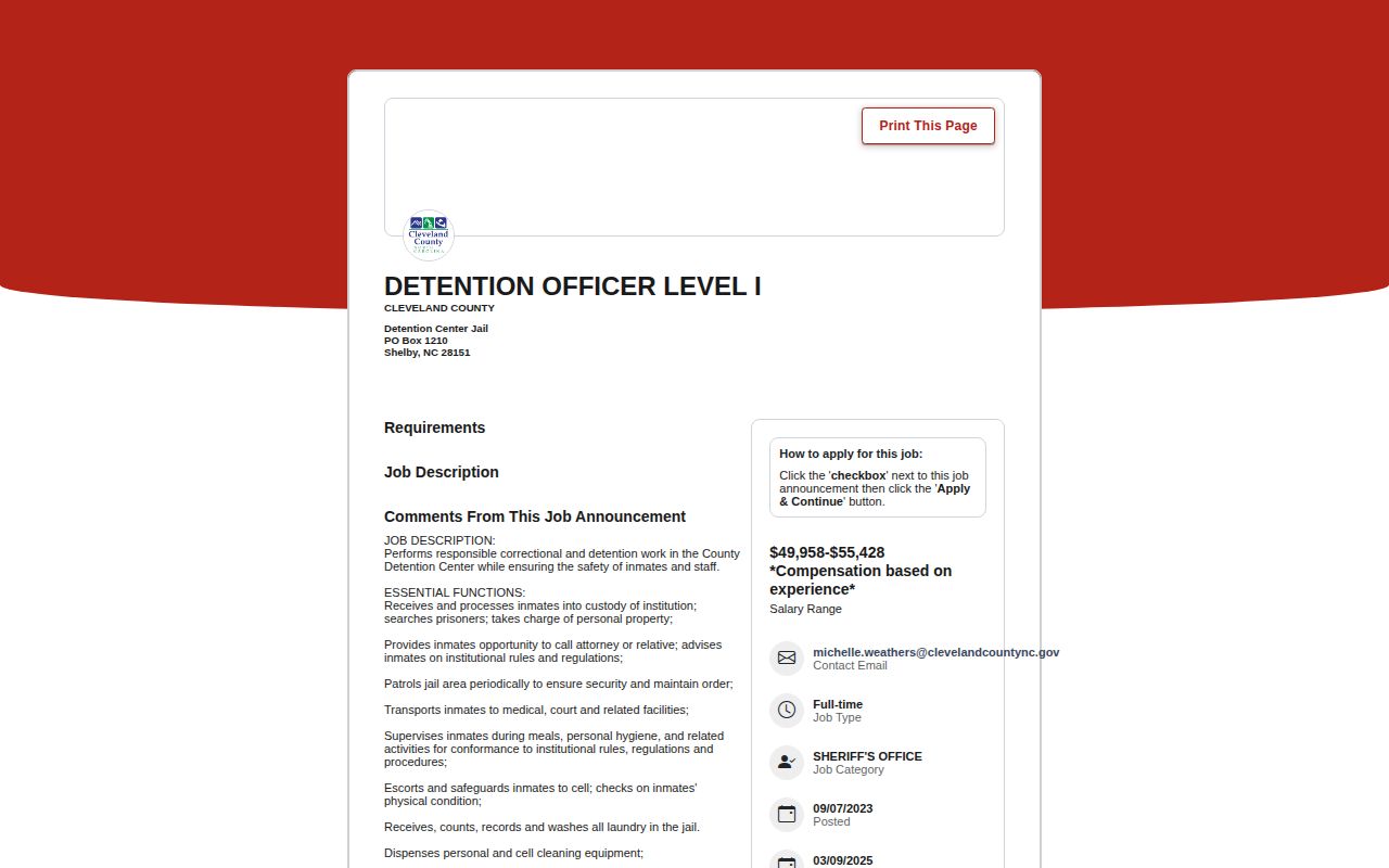 Cleveland County Detention Center release property and transport duties