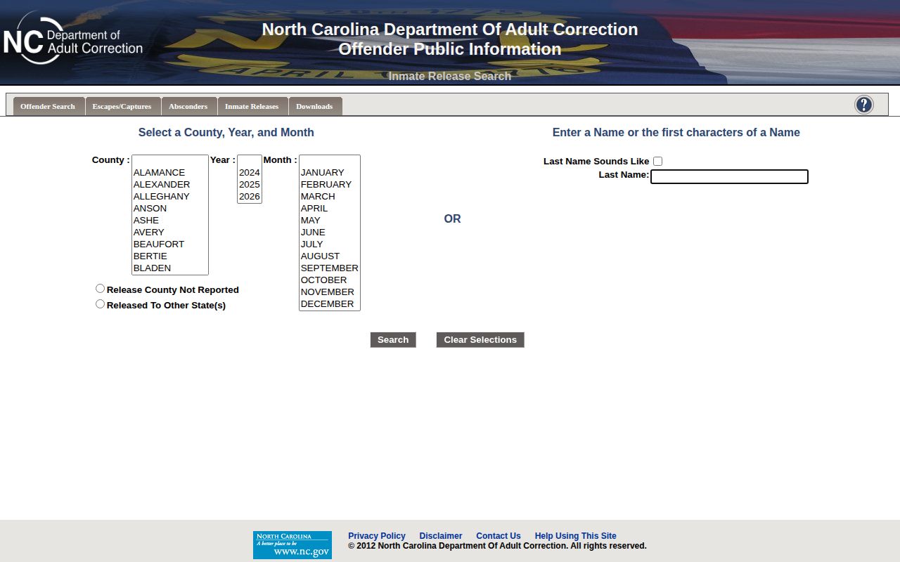 NCDAC Cleveland County released inmate search fields