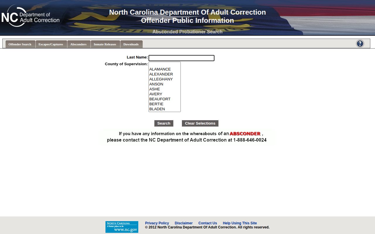 NCDAC Cleveland County absconded probationer search