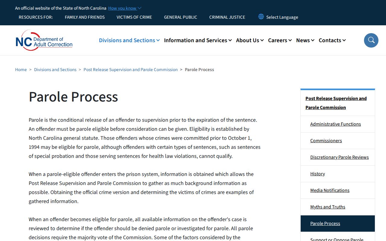 North Carolina parole process for Cleveland County supervision records